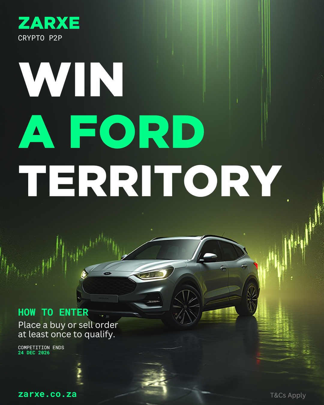 ZARXE competition poster: win a Ford Territory by placing a buy or sell order